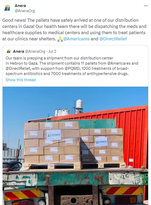 Post from the anerorg X account announcing the arrival of 11 pallets of much-needed medical supplies in Gaza.